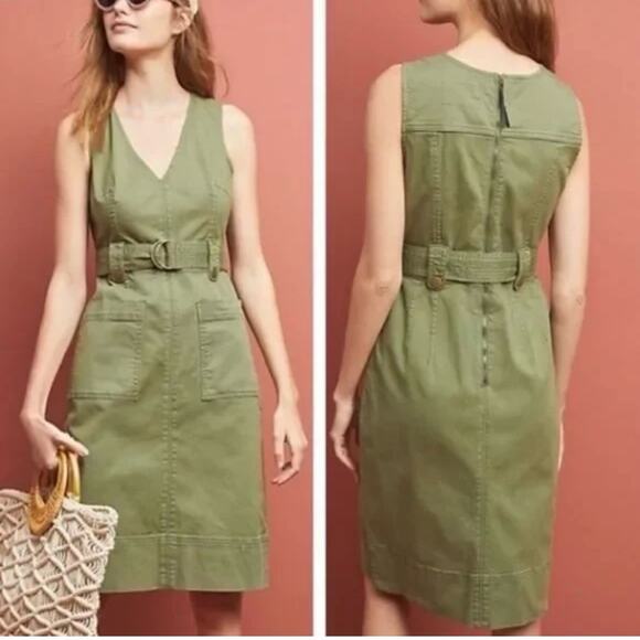 Anthropologie Maeve Oona size 2 Sage Green Belted cargo v-neck Midi Dress - Picture 1 of 9